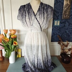 Vintage Blue and White Midi Dress with Cap Sleeves Med to Lg - 70s, 80s
